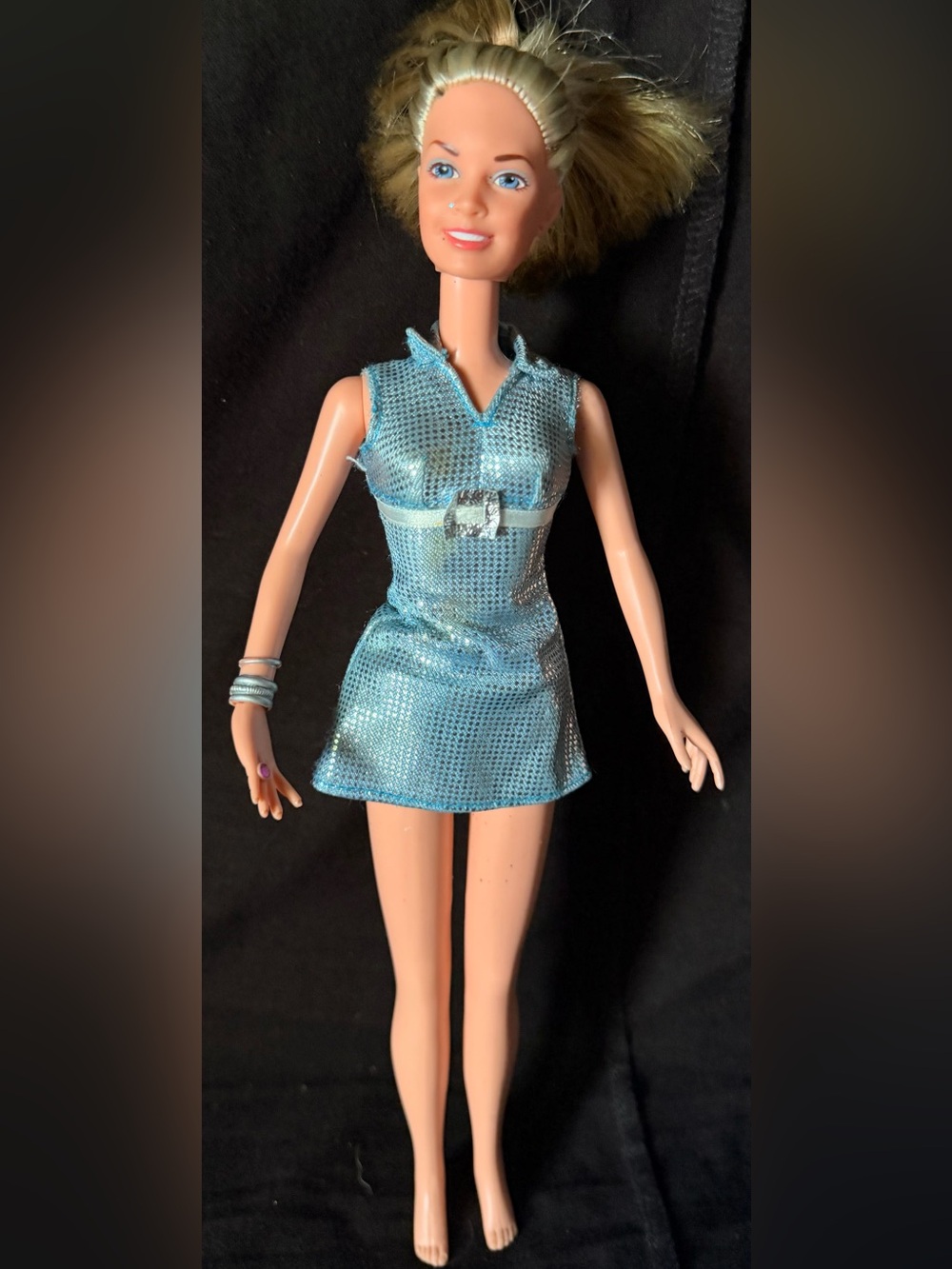 (vintage barbie Blue Metallic Mini Dress for Women - Shimmering Sleeveless Dress